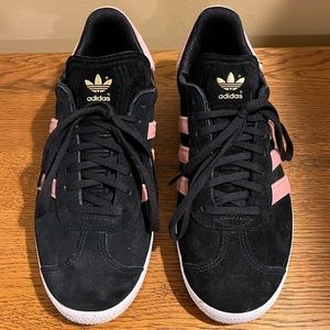 Adidas Black Sneakers with Pink Stripes and Gold Foil Accent